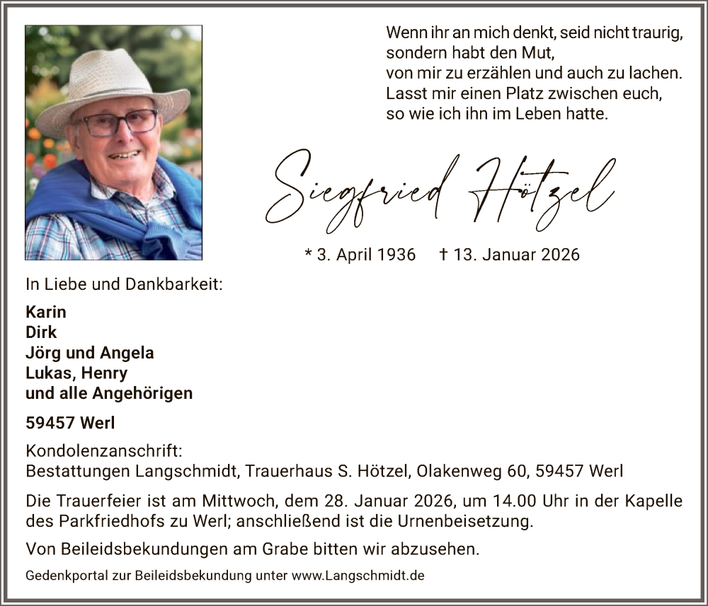  Traueranzeige für Siegfried Hötzel vom 17.01.2026 aus HASO