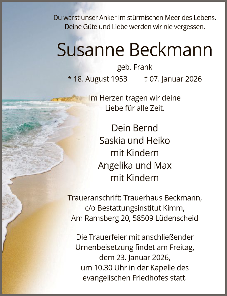  Traueranzeige für Susanne Beckmann vom 17.01.2026 aus HALN