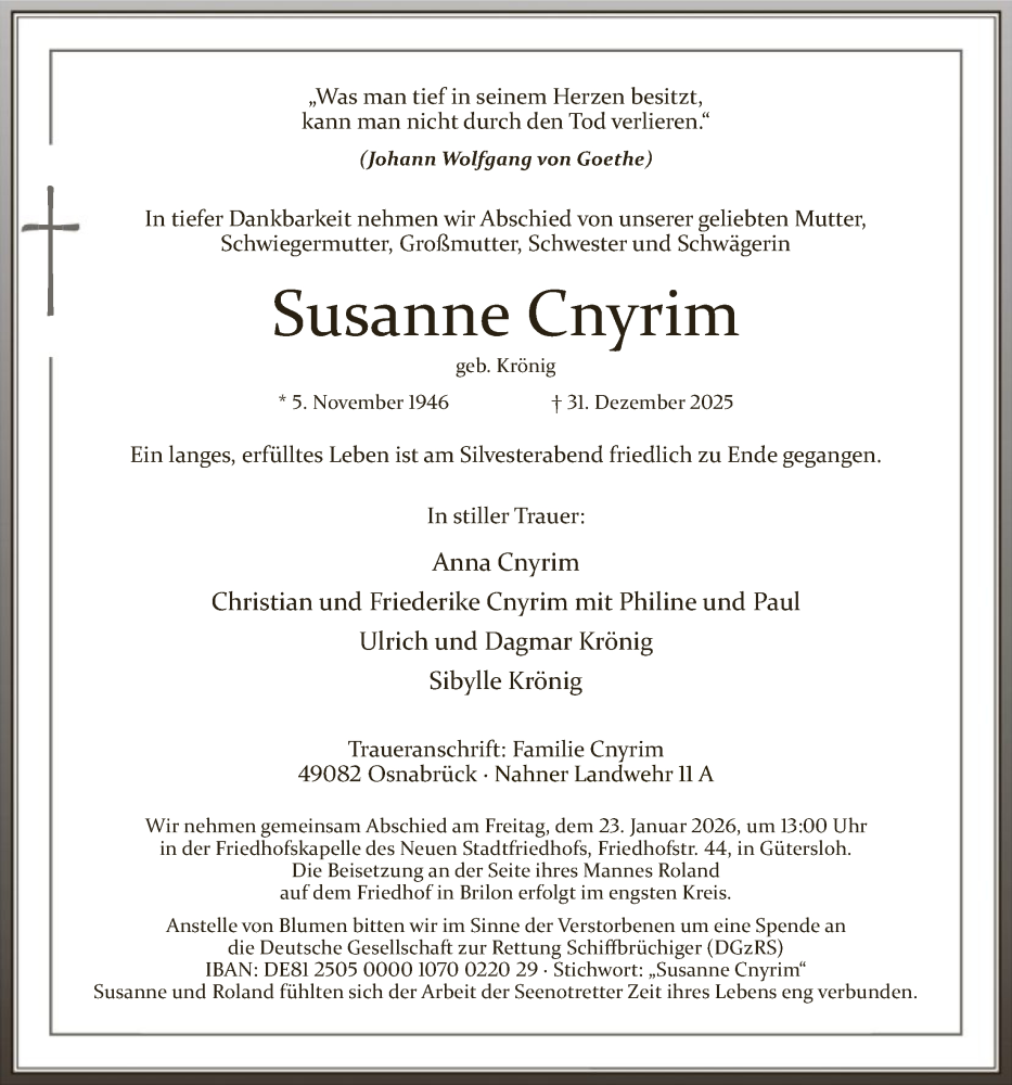  Traueranzeige für Susanne Cnyrim vom 17.01.2026 aus HASK