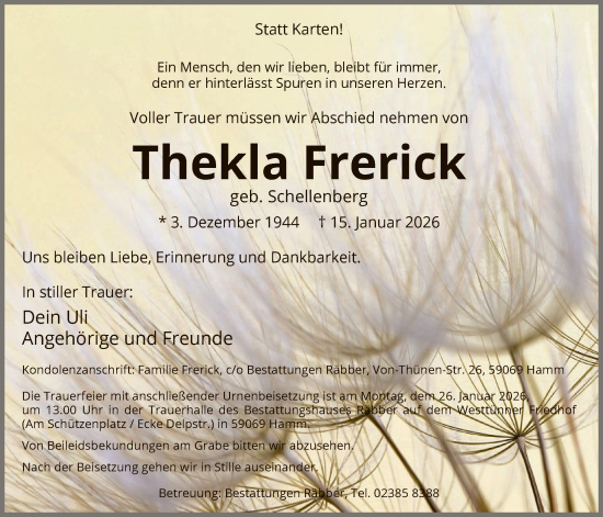 Traueranzeige von Thekla Frerick von HAWA