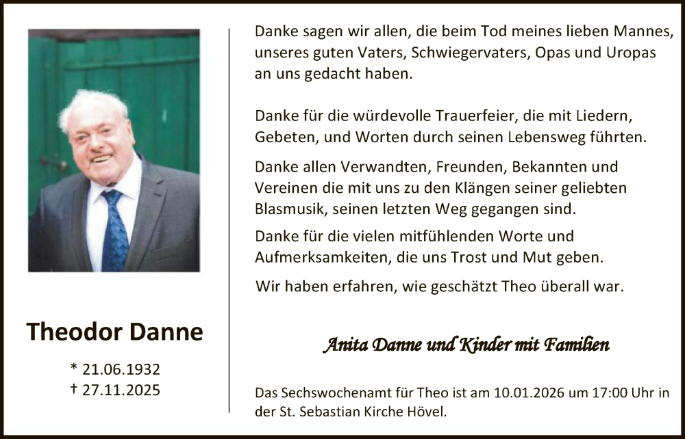  Traueranzeige für Theodor Danne vom 03.01.2026 aus HASK