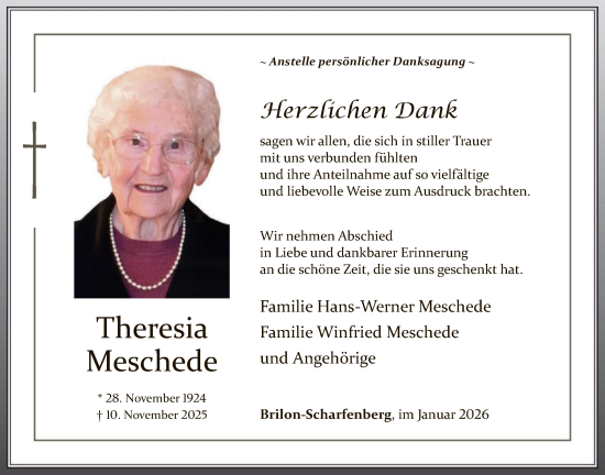 Traueranzeige von Theresia Meschede von HASK
