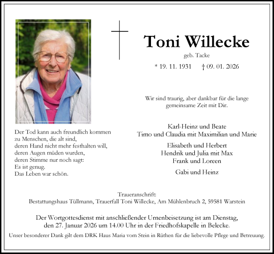 Traueranzeige von Toni Willecke von HASO