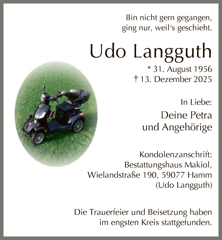  Traueranzeige für Udo Langguth vom 03.01.2026 aus HAWA