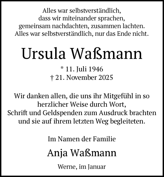 Traueranzeige von Ursula Waßmann von HAWA