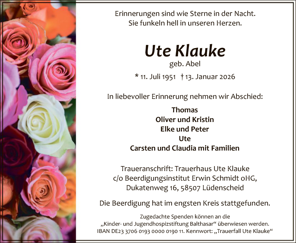  Traueranzeige für Ute Klauke vom 24.01.2026 aus HALN
