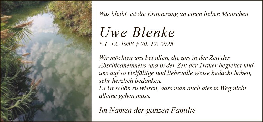  Traueranzeige für Uwe Blenke vom 24.01.2026 aus HASO