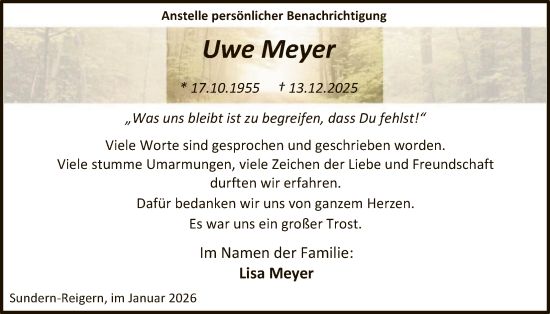 Traueranzeige von Uwe Meyer von HASK