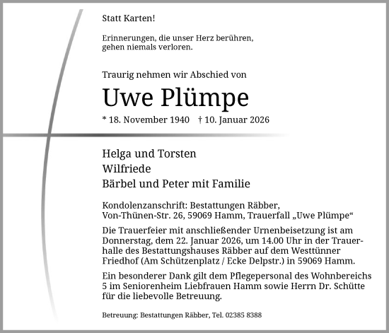Traueranzeige von Uwe Plümpe von HAWA