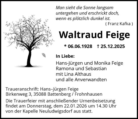 Traueranzeige von Waltraud Feige von HASK