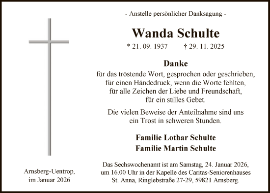 Traueranzeige von Wanda Schulte von HASK