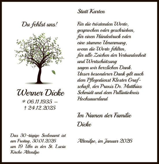 Traueranzeige von Werner Dicke von HASK