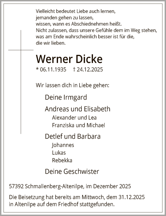 Traueranzeige von Werner Dicke von HASK