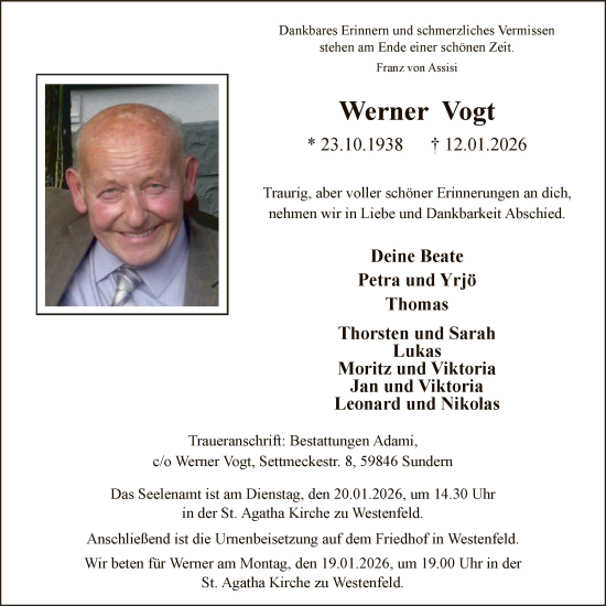 Traueranzeige von Werner Vogt von HASK