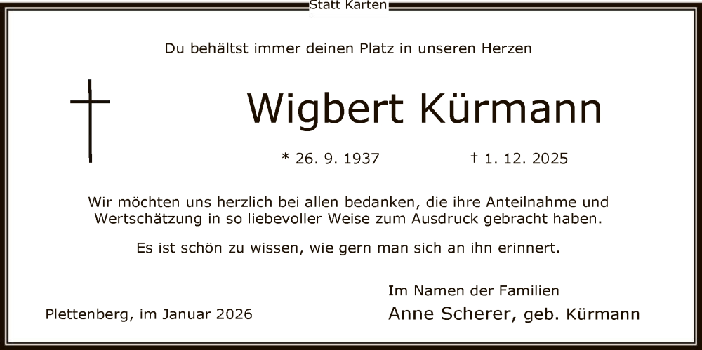  Traueranzeige für Wigbert Kürmann vom 17.01.2026 aus HALN