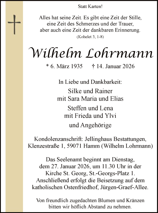 Traueranzeige von Wilhelm Lohrmann von HAWA