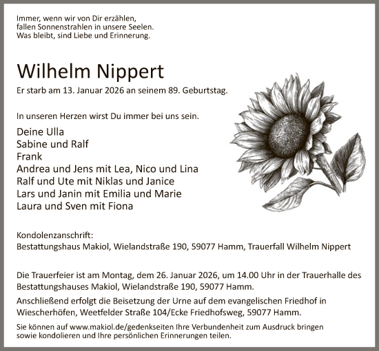 Traueranzeige von Wilhelm Nippert von HAWA