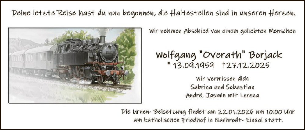  Traueranzeige für Wolfgang Borjack vom 17.01.2026 aus HALN