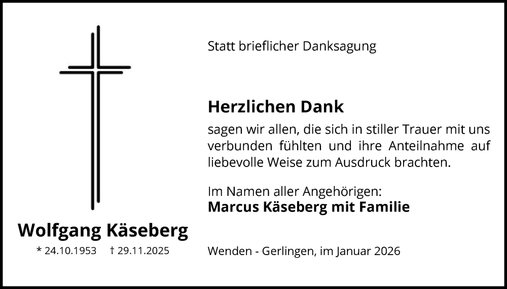  Traueranzeige für Wolfgang Käseberg vom 17.01.2026 aus HASK