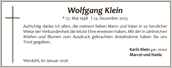 Traueranzeige von Wolfgang Klein von HALN